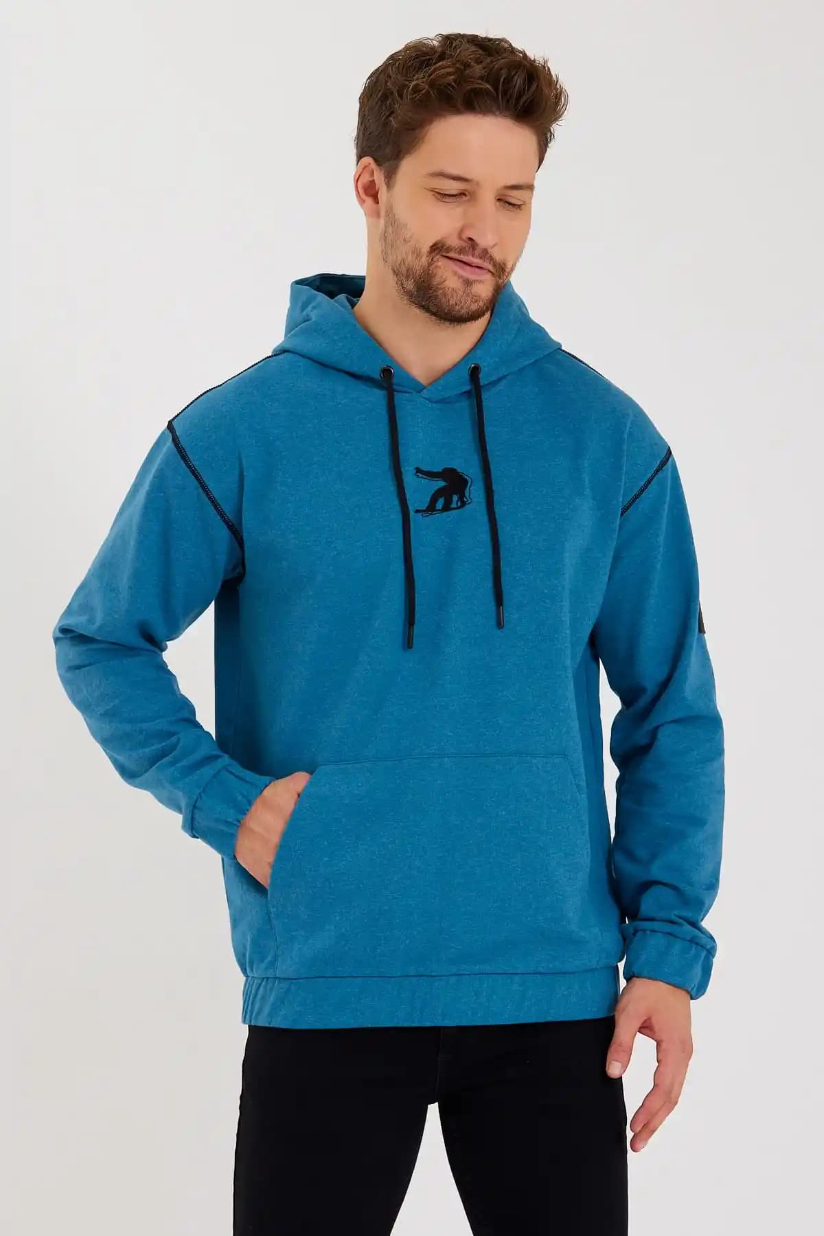 Adams Snowboard Nakış Logo Baskılı Petrol Mavi Uzun Kollu Kapüşonlu Sweatshirt