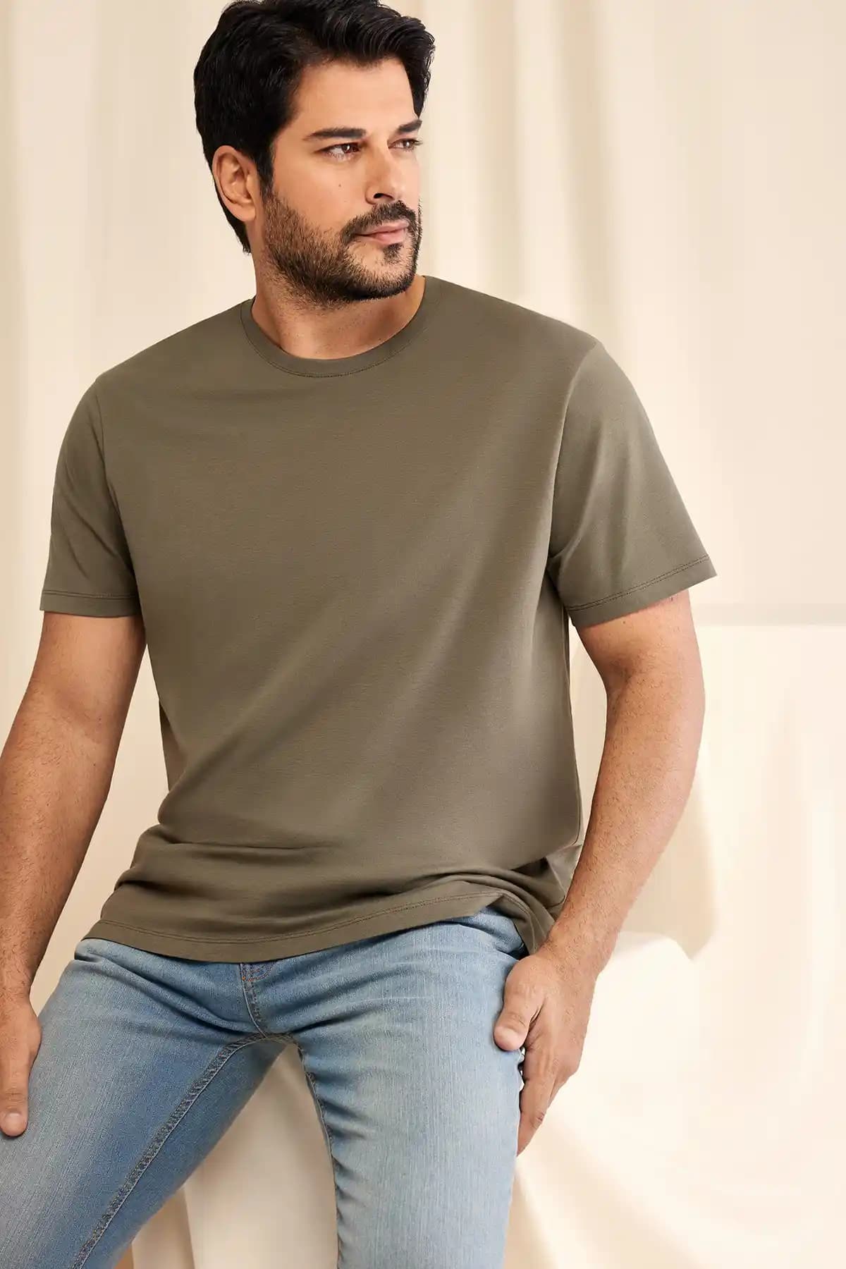 Altınyıl<dı>z Classics Erkek ve Unisex Haki Slim Fit Pamuk Tişörtleri Günlük Kullanım İçin