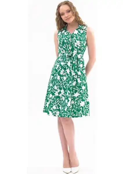 Apsen Kadın Zümrüt Yeşil Düğme Detaylı Cotton Elbise Günlük ve Şık Kullanım İçin