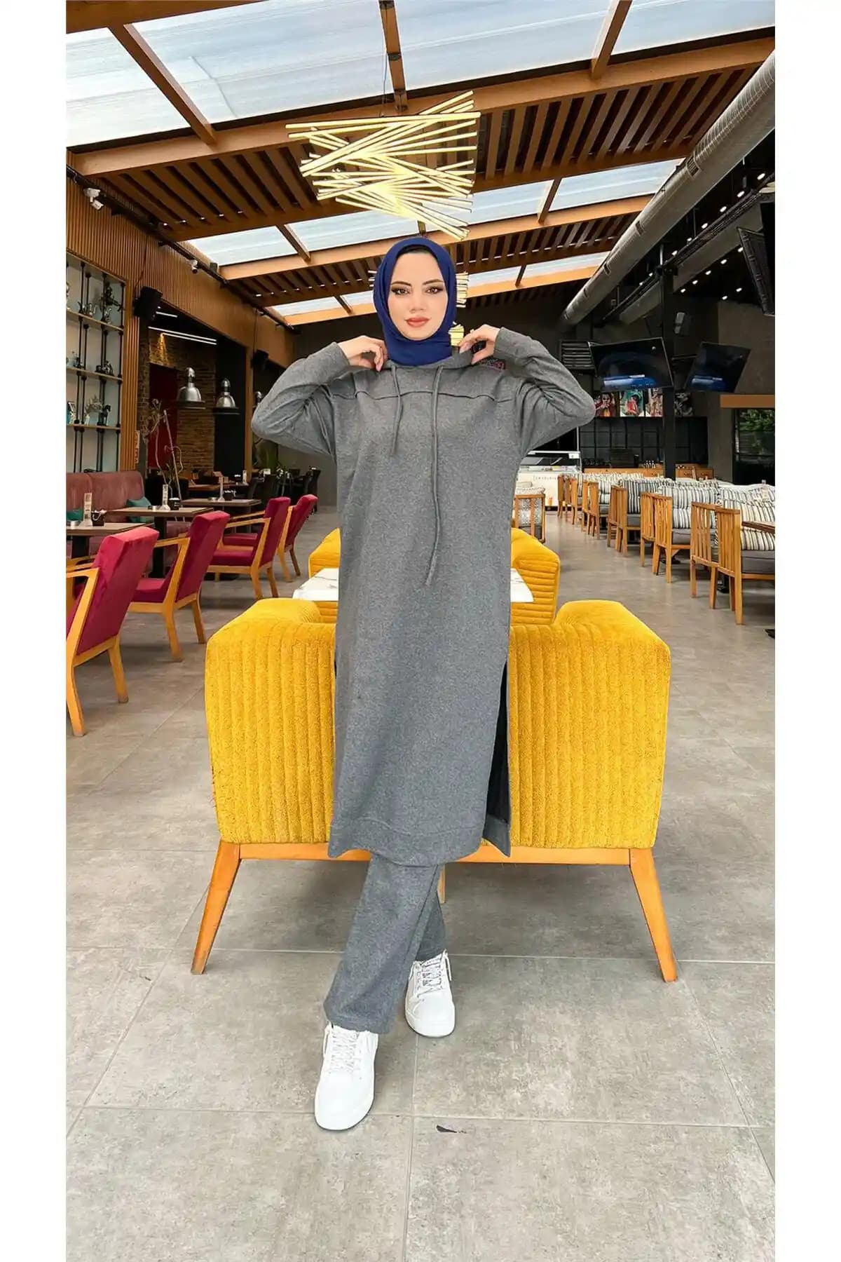 Bwest Uzun Kapşonlu Tunik Spor Takım Antrasit Modern ve Rahat Tasarım