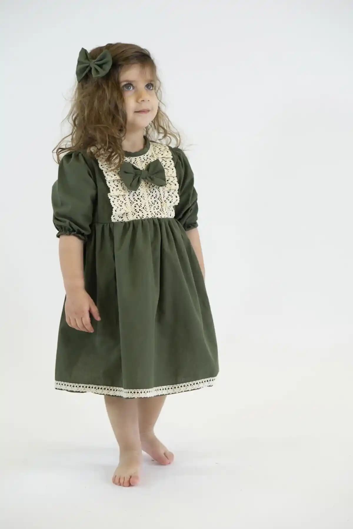 Catz Kids Haki Yeşili Güpürlü Elbise Çocuklar İçin Şık ve Rahat Günlük ve Özel Etkinlikler