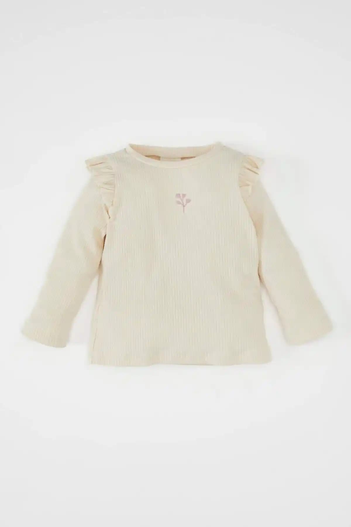 Defacto Kız Bebek Bisiklet Yaka Çiçekli Fitilli Kaşkorse Uzun Kollu Tişört