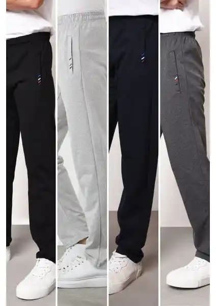 Erkek Çok Renkli Fermarlı Nakış Detaylı Düz Paça Eşofman Altı Paketi 4'lü Set