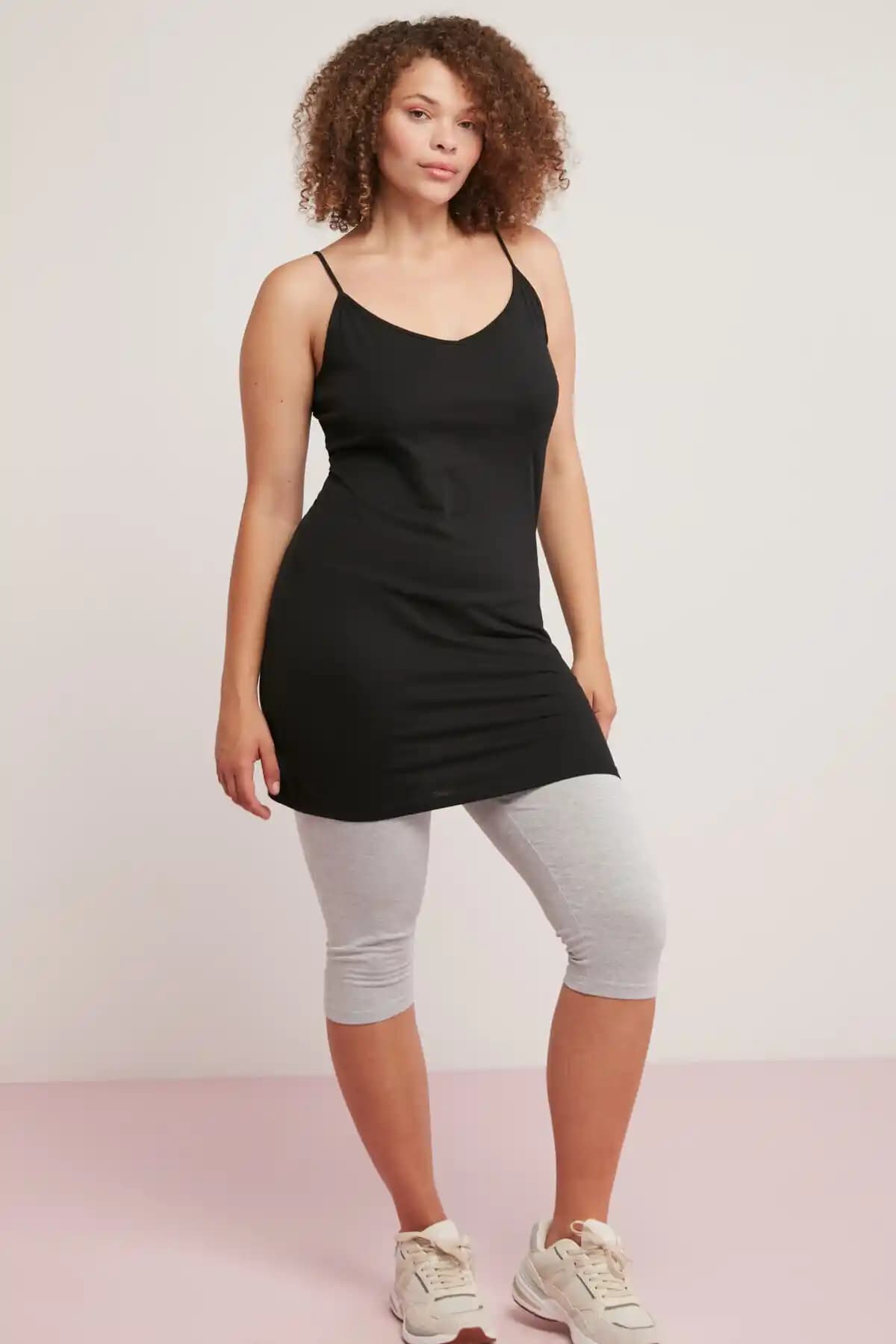 ETHIQUET Kadın Pamuklu Uzun Boy Vücuda Tam Oturan Askılı Kolsuz Siyah Büyük Beden Body