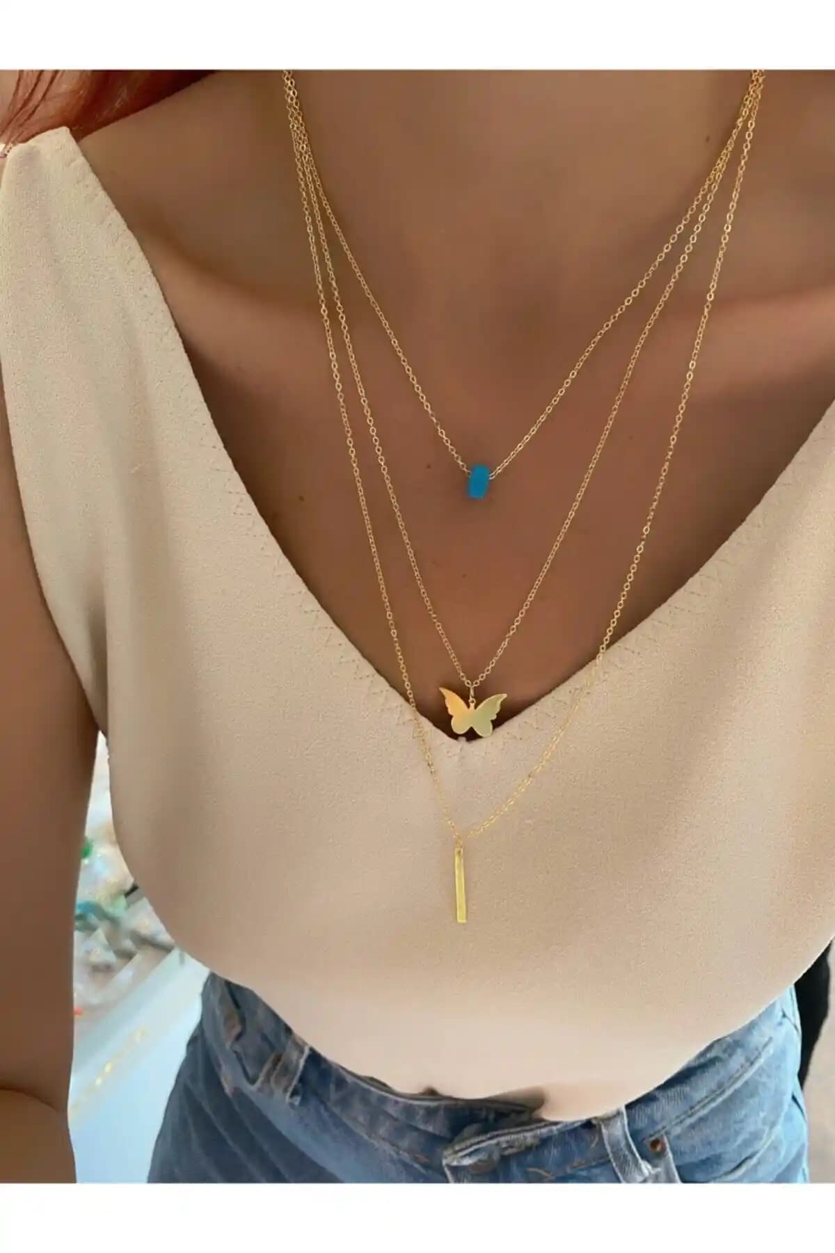 Everglow Jewelry Üçlü Pul Kelebek Kolye Seti Zarif ve Modern Tasarım