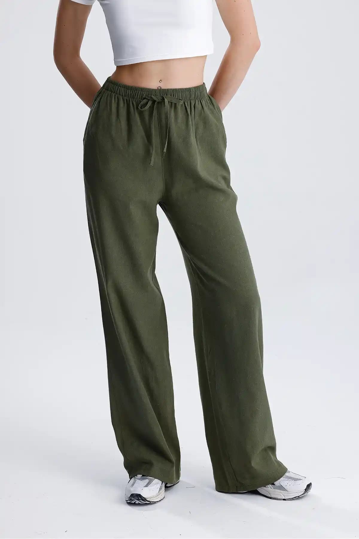 FV Kadın Bol Paça Keten Pantolon Modern ve Rahat Tasarımıyla Günlük Şıklık İçin Uygun