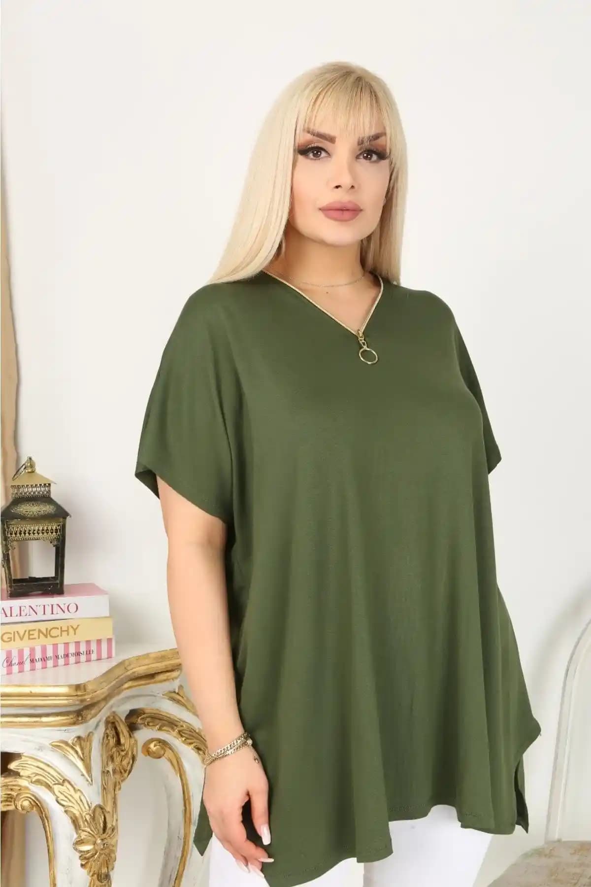 Hülya Butik Yeşil Fermuar Detaylı Battal Bluz Günlük ve Şık Kullanım İçin Ideal
