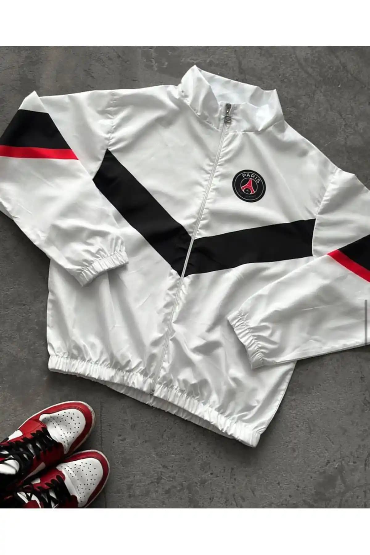 Jaxet Unisex Beyaz Tasarım Baskılı Fermuarlı Yağmurluk Rüzgarlık Modern ve Fonksiyonel Dış Giyim