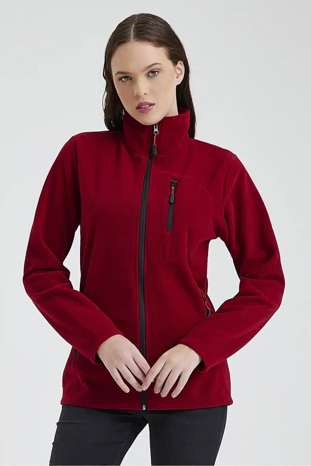 Kadın Kırmızı Polar Ceket Tam Fermuarlı Dış Giyim Dayanıklı ve Şık Tasarım