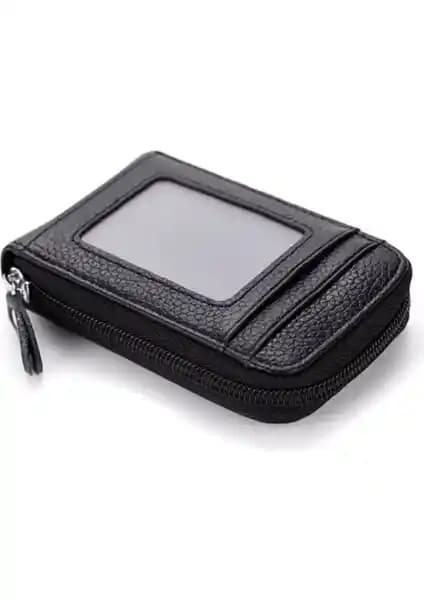 Kemer Dünyası Siyah Deri Unisex 11 Bölmeli Fermuarlı Kredi Kartlık Cüzdan