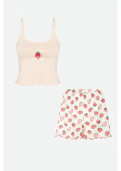 Koza İç Giyim Kadın İnce Askılı Desenli Pamuklu Yazlık Pijama Takımı