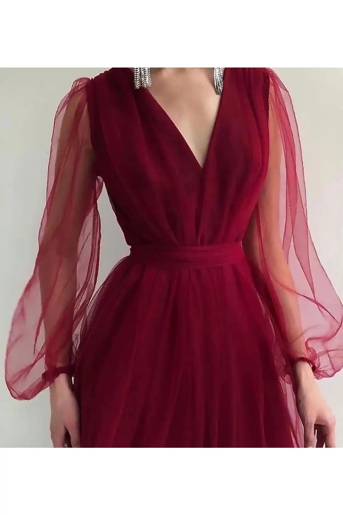 Madame Jasmin Bordo Midi Tül Elbise Düğün ve Özel Günler İçin Zarif Seçenek