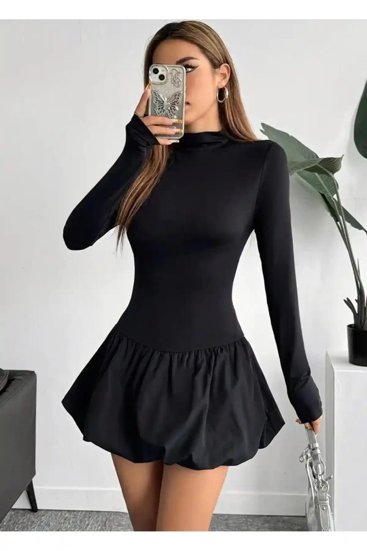 MEGOMEL Kadın Yüksek Yaka Balon Etek Mini Elbise: Modern ve Şık Tasarım Özellikleri