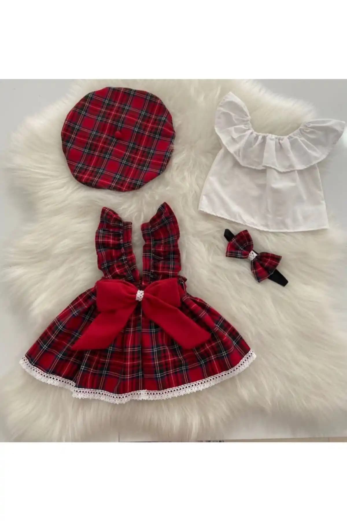 Moda Lina Ekose Salopet Banda Şapka Bluz Seti Çocuklar İçin Yazlık Şık ve Rahat Tasarım