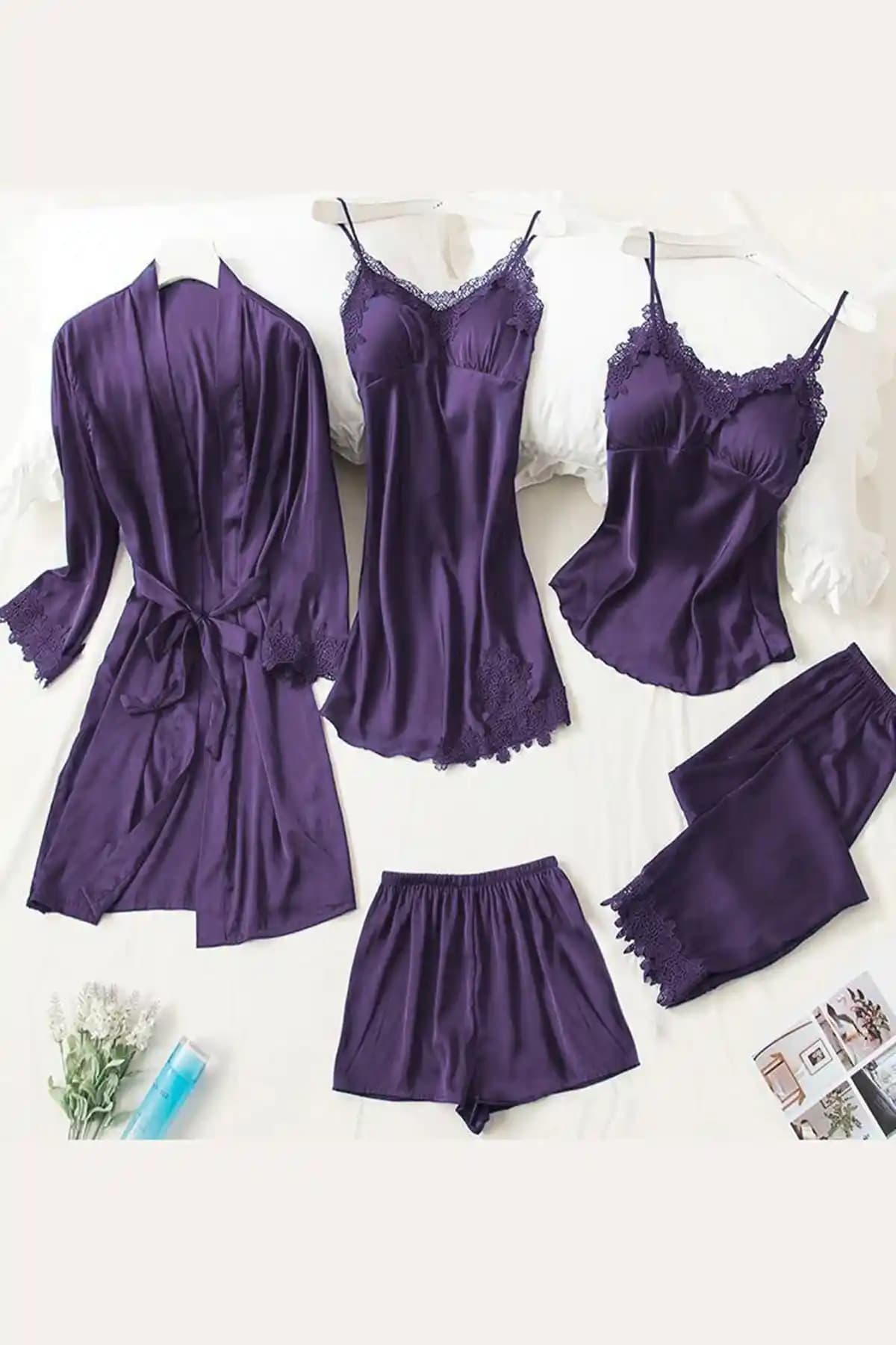 Moda4B Kadın 5 Parça Saten Güpürlü Gecelik Gelin Çeyiz Seti Şıklık ve Konfor Bir Arada