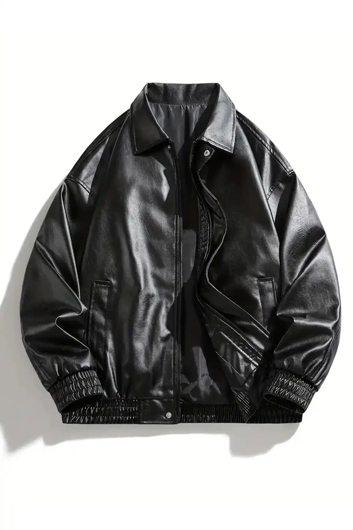 Moderk Unisex Oversize Vintage Siyah Deri Ceket Modern ve Fonksiyonel Tasarım