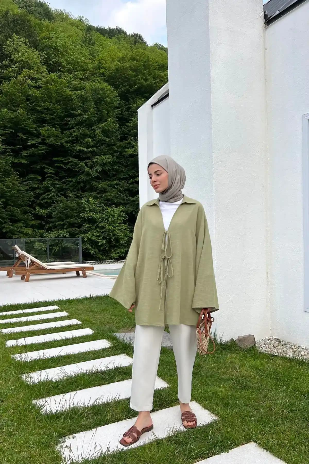 My Blog Haki %100 Pamuk Keten Bağcık Detaylı Kimono Bluz Modern ve Sürdürülebilir Tasarım