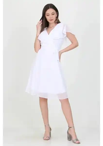 Neşeli Butik Kadın Midi Boy Kruvaze Yaka Şifon Elbise Şık ve Zarif Tasarım