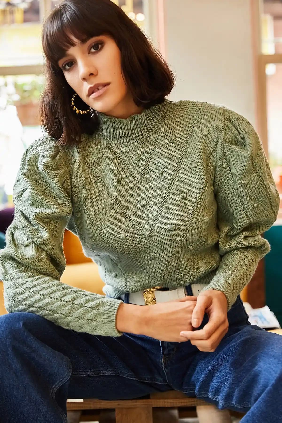 Olalook Kadın Su Yeşili Minik Ponponlu Kol Detaylı Triko Kazak Günlük Şıklık İçin Uygun