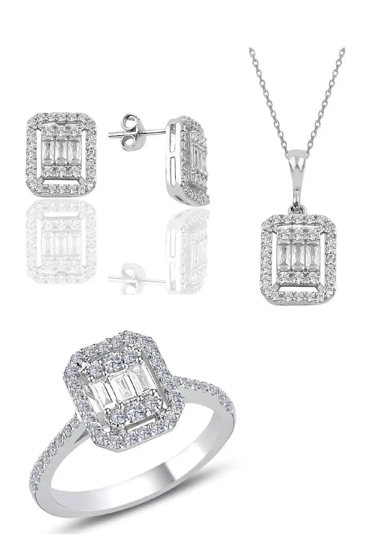 Söğütlü Silver Gümüş Baget Taşlı Üçlü Set: Zarif ve Dayanıklı Takı Seçeneği