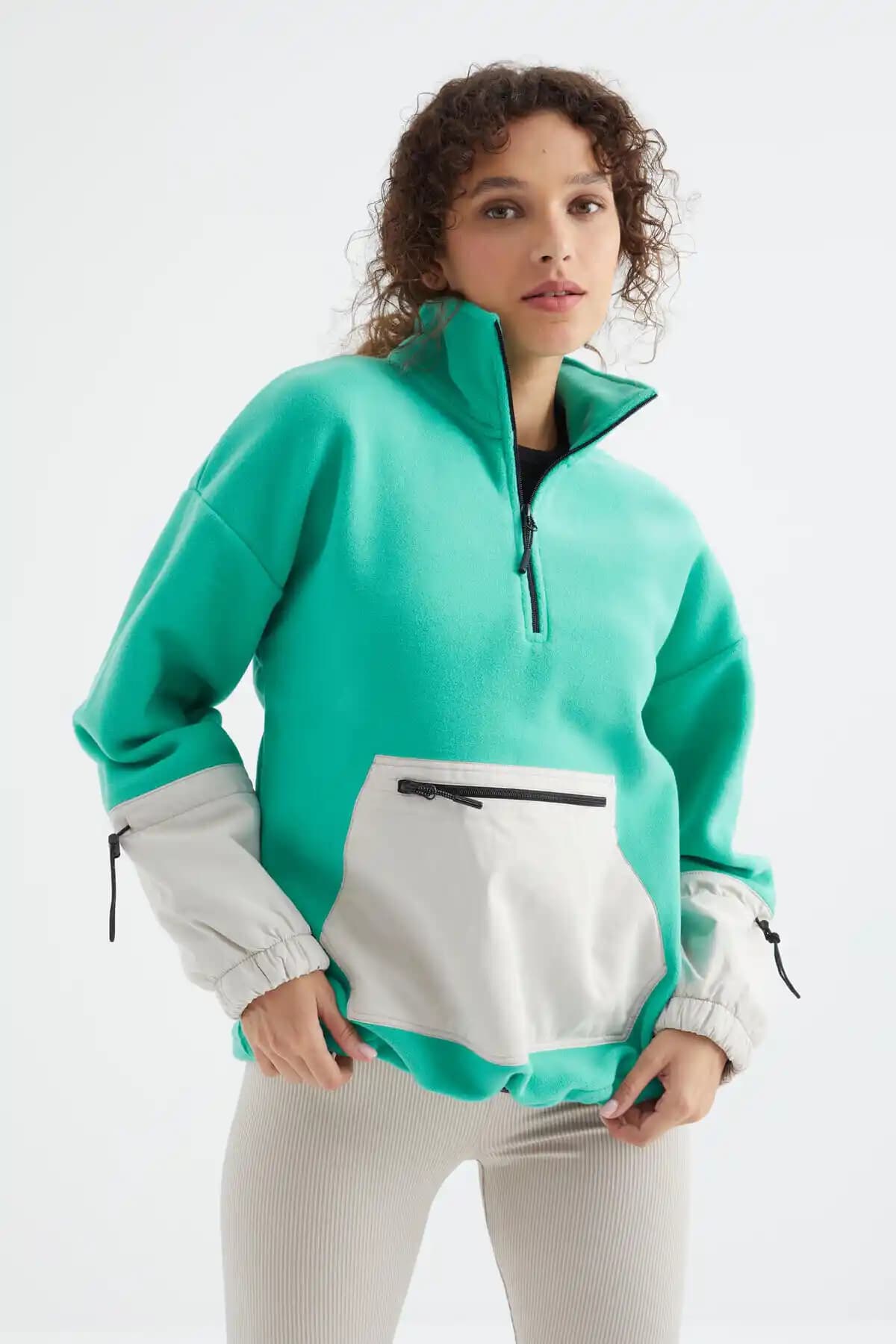 TOMMY LIFE Deniz Yeşili Oversize Polar Sweatshirt Kadın Günlük ve Spor Kullanımına Uygun