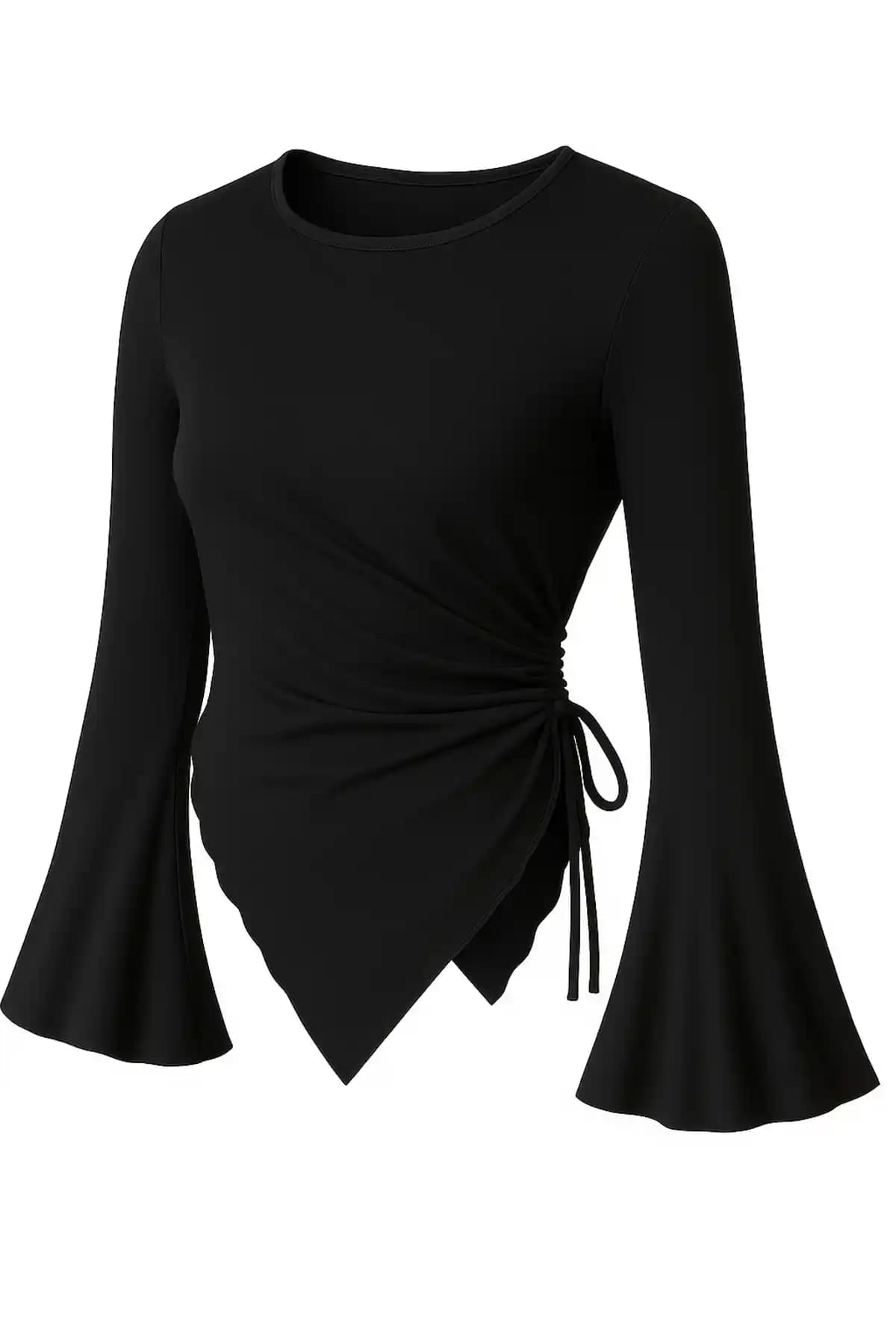 Wild Flower Siyah Drape Detaylı İspanyol Kol Tesettür Üst Bluz Modern ve Şık Tasarım