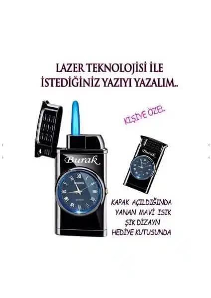 Kişiye Özel Işıklı Saatli Lazer İsim Baskılı Çakmak - Dayanıklı ve Şık Tasarım