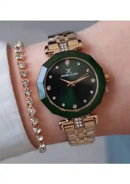 Daniel Klein Yeni Model Kadın Çelik Bilezik Altın Sarısı Yeşil Kadran Saat