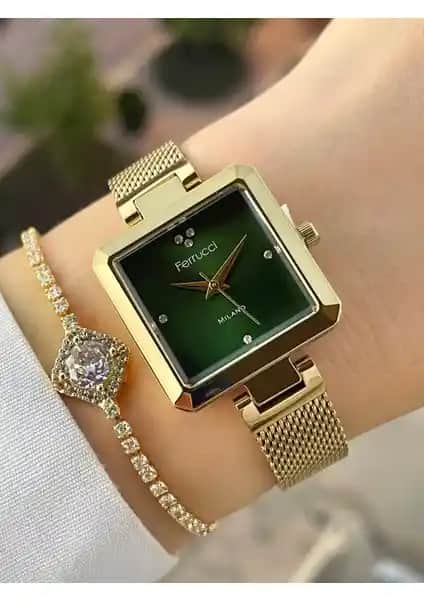 Ferrucci Kadın Hasır Kordon Yeşil Saat ve Bileklik Kombini Günlük ve Özel Kullanım İçin