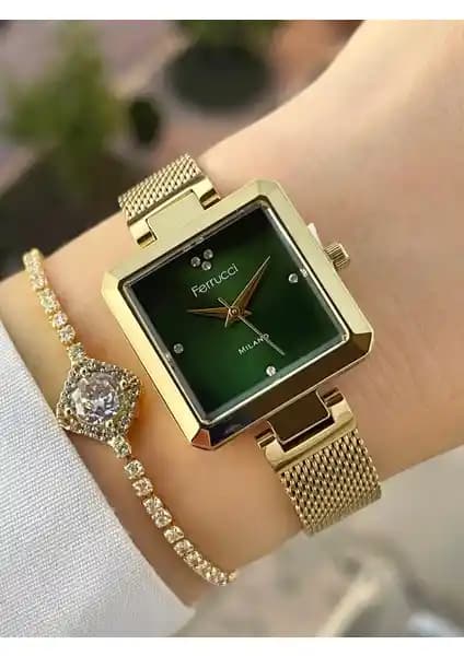Ferrucci Kadın Hasır Kordon Yeşil Saat ve Bileklik Kombini Günlük ve Özel Kullanım İçin