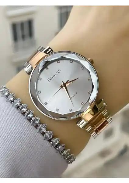 Ferrucci Kesme Camlı Kadın Saat ve Bileklik Seti Günlük Şıklık ve Güvenilirlik İçin