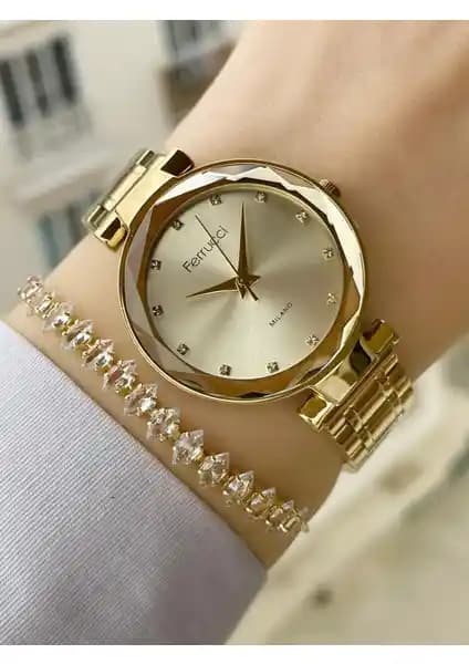 Ferrucci Kesme Camlı Kadın Saat ve Bileklik Seti Modern ve Şık Tasarım