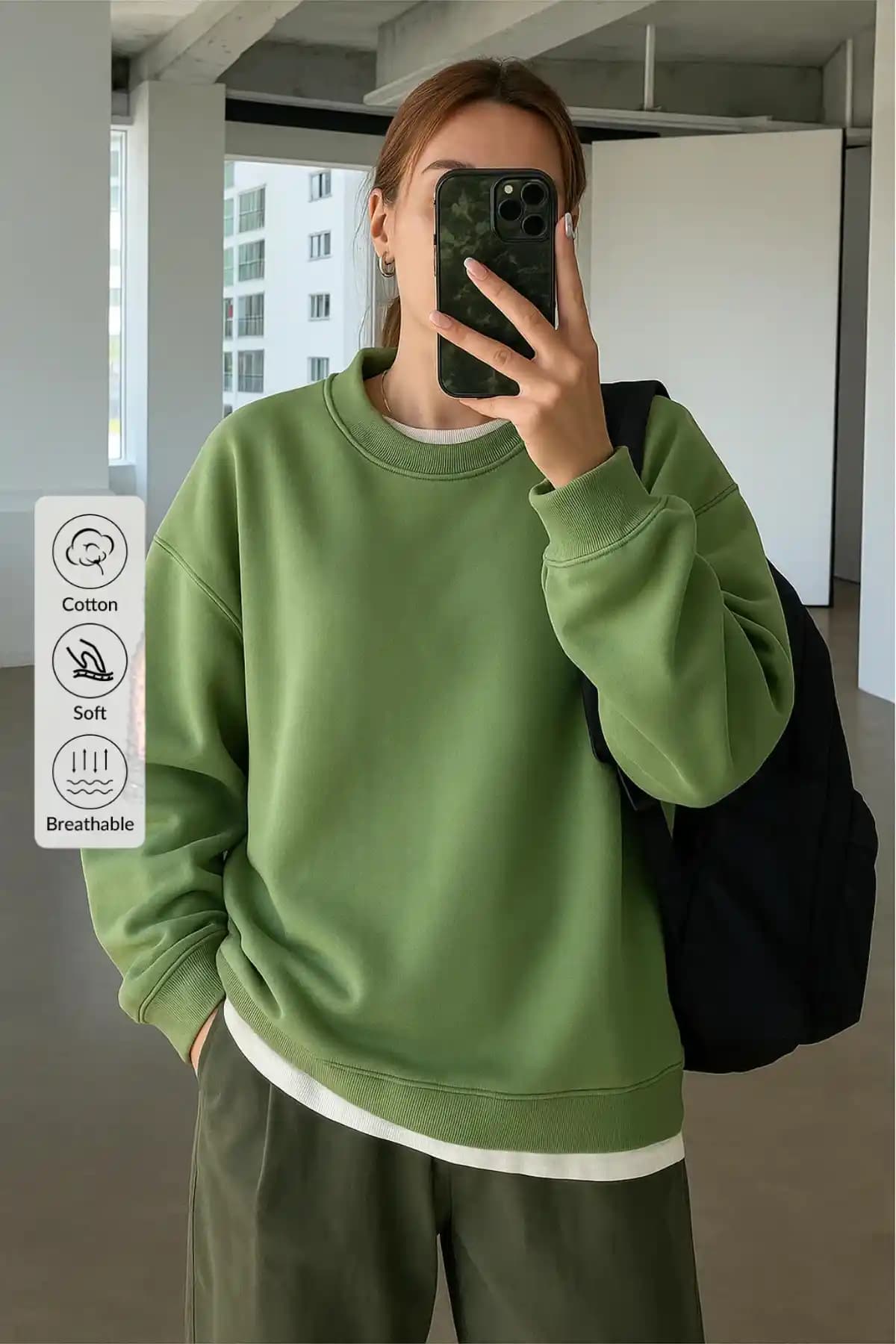 COMBİNE MİCHAİL Kadın Haki Oversize Bisiklet Yaka Sweatshirt Modern ve Rahat Tasarım