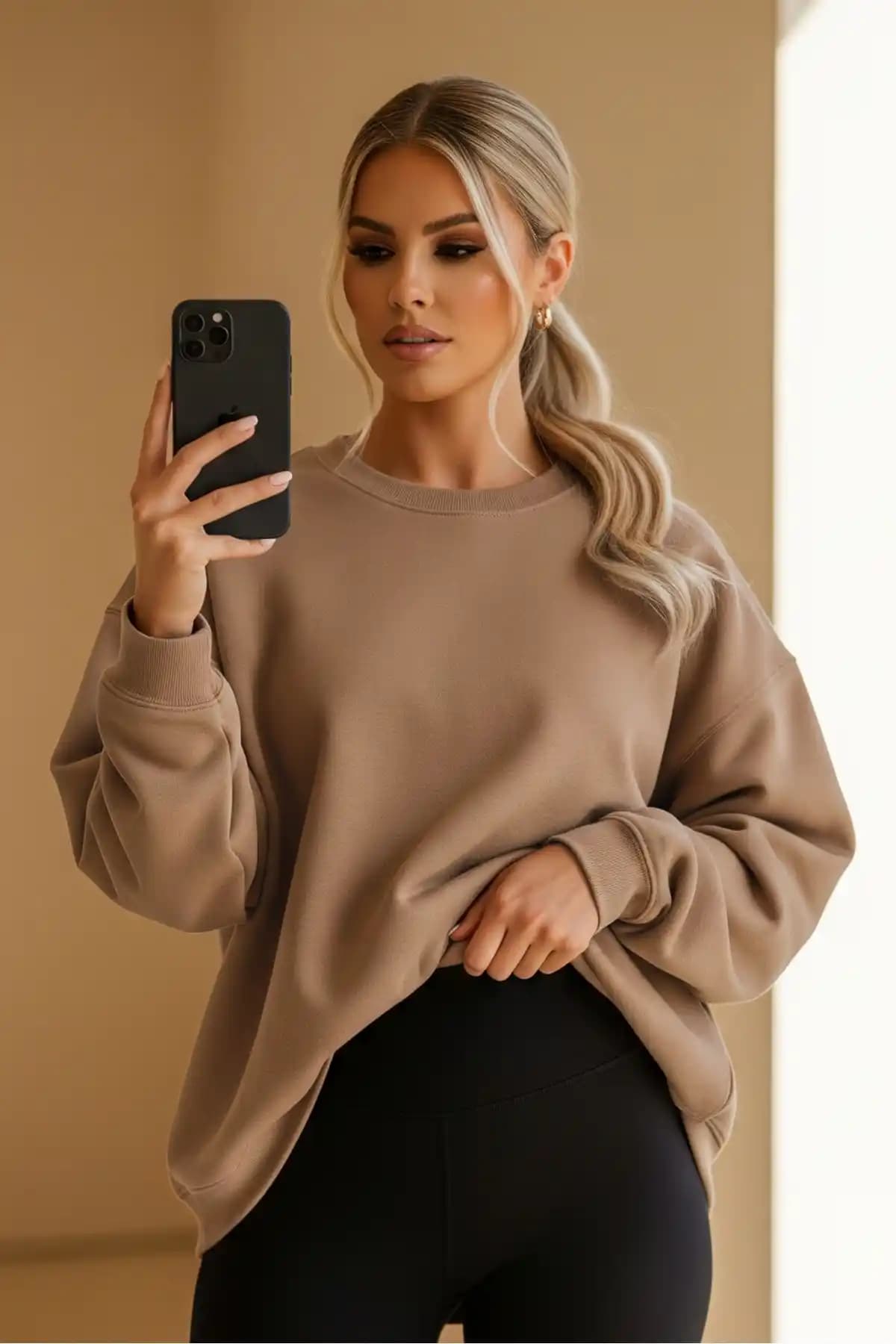 COMBİNE MİCHAİL Kadın Oversize Vizon Kışlık Sweatshirt Günlük ve Şık Kullanım İçin