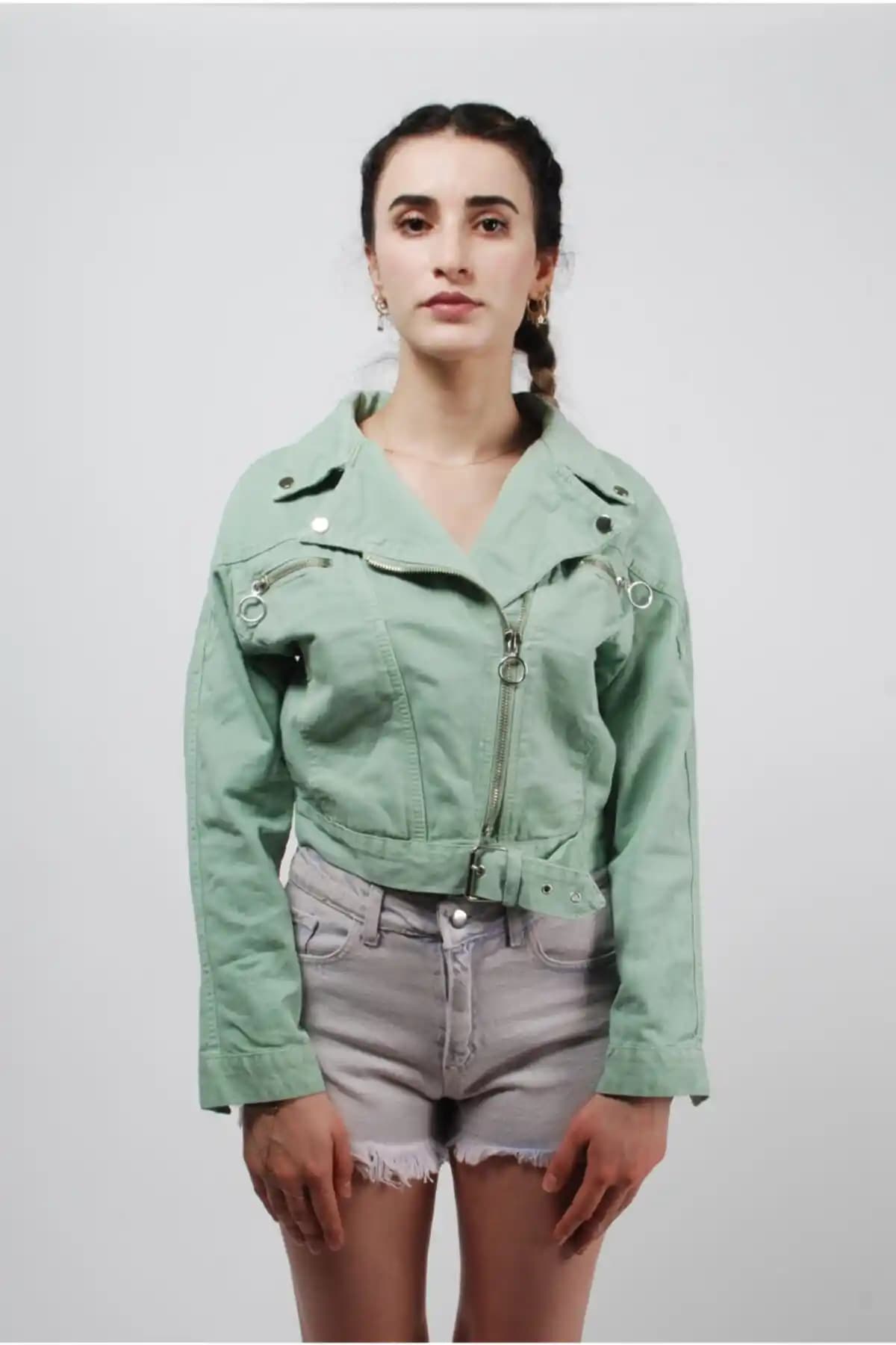 Efstyle Mint Renkli Kemerli Biker Kot Ceket Modern Sokak Modası İçin Uygun