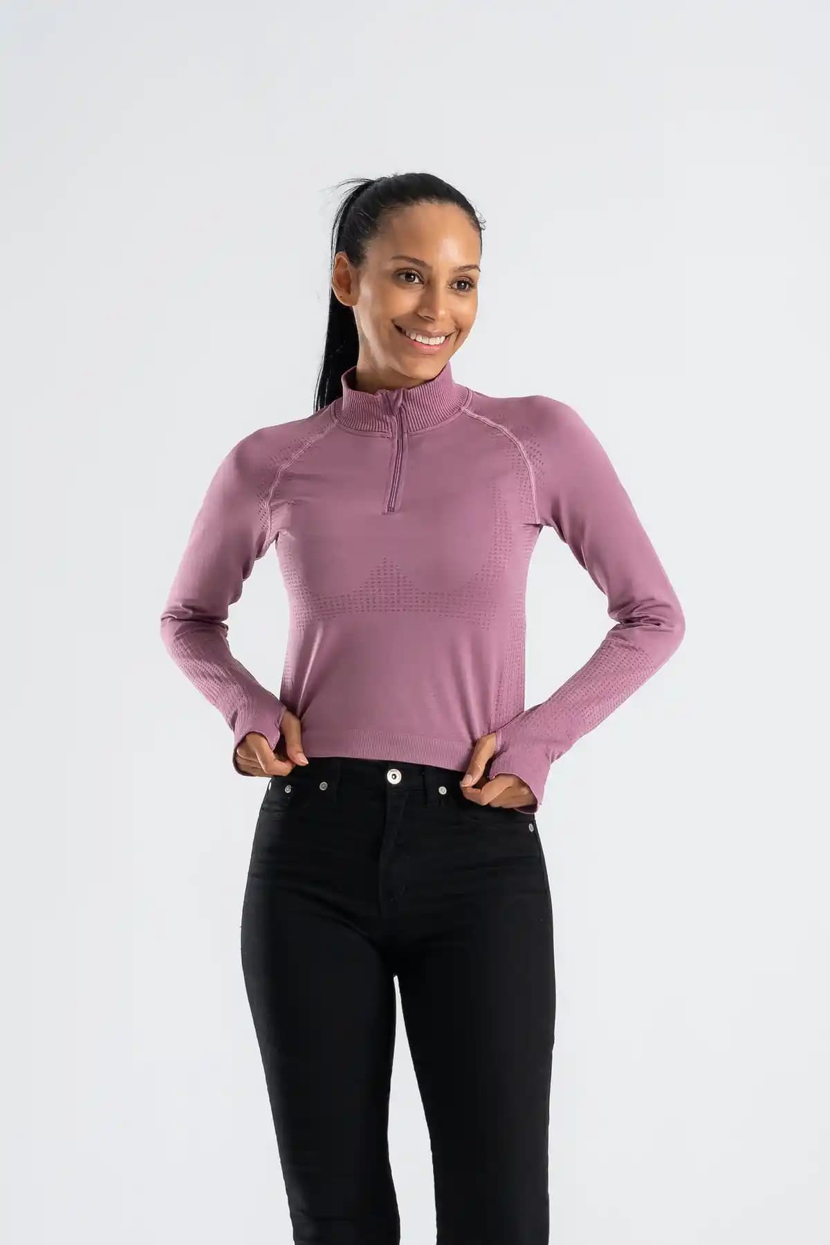 GYMXPRO Dikişsiz Streç Kısa Fermuarlı Uzun Kollu Crop Spor ve Günlük Kullanım İçin