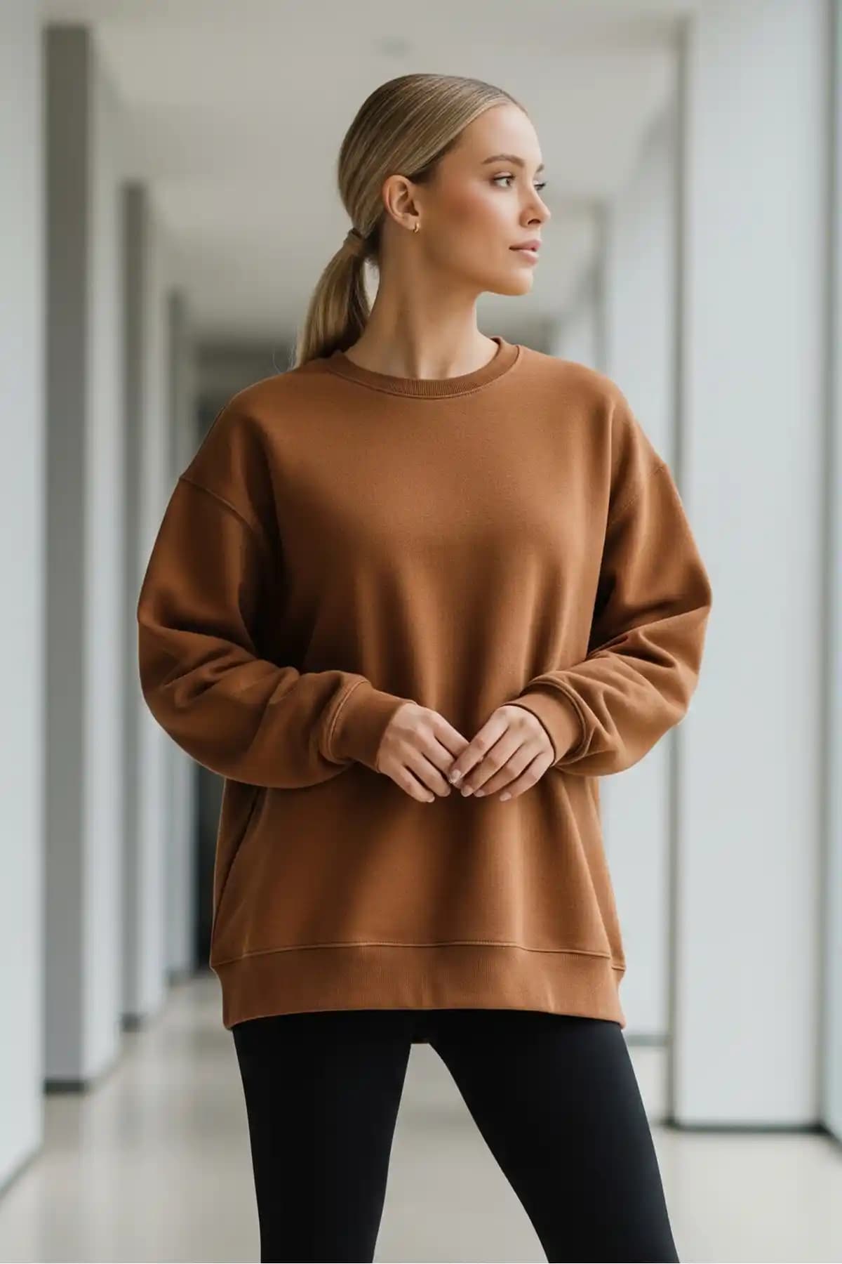 Kadın Oversize Kahverengi Kışlık Sweatshirt - Rahat ve Şık Günlük Giyim Tercihi