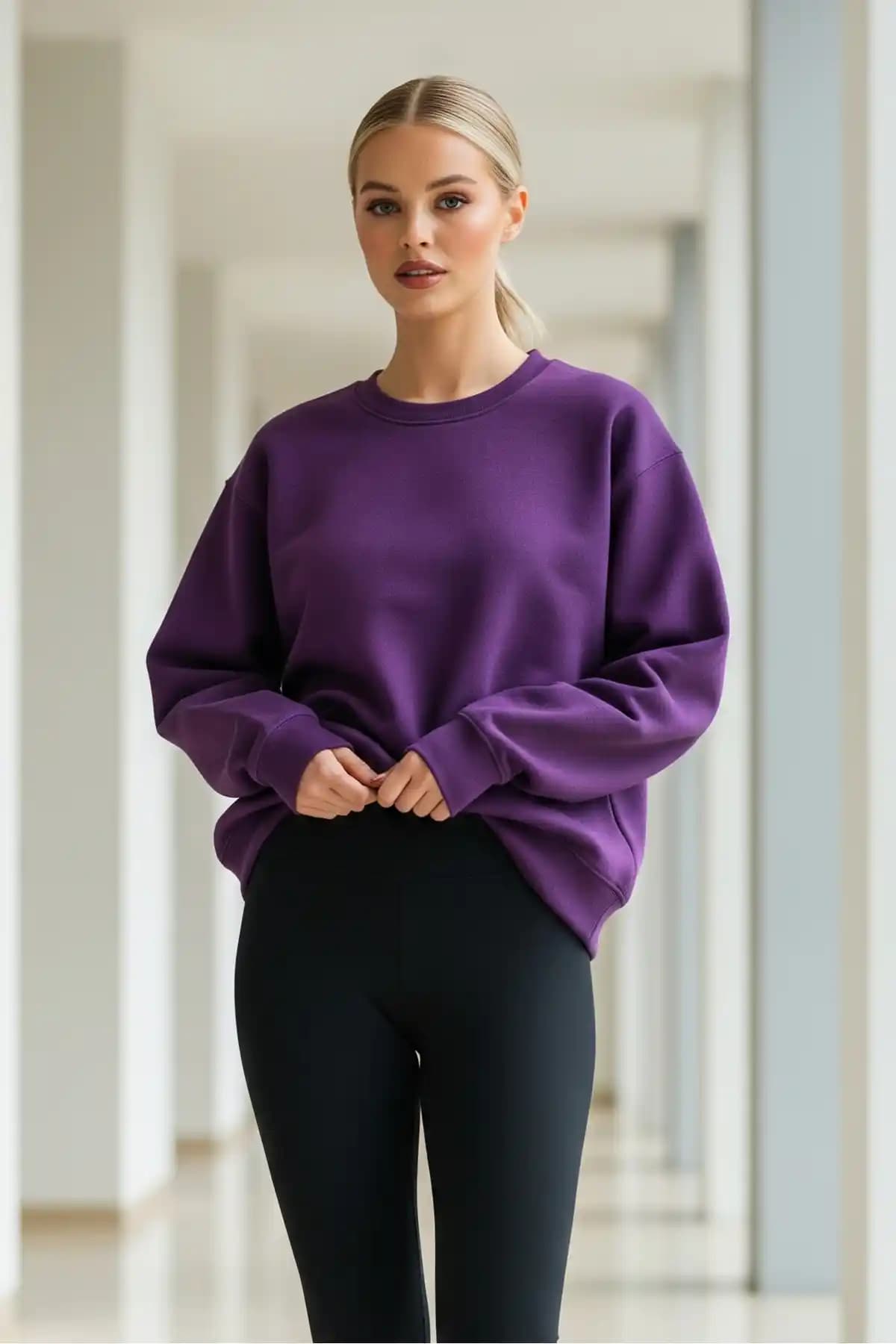 Kadın Oversize Mor Kışlık Sweatshirt - Rahat ve Şık Günlük Giyim Tercihi