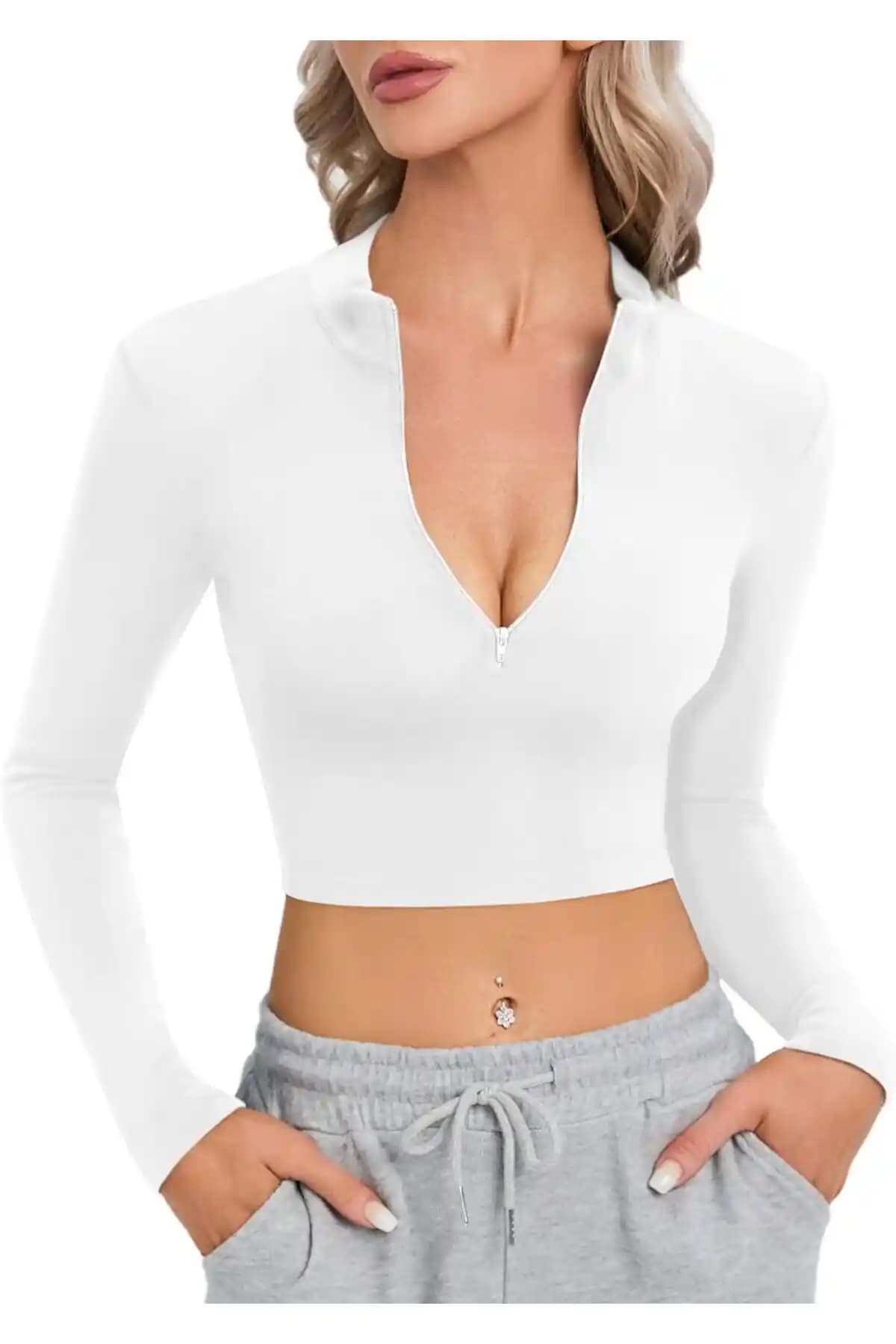 Lady Hazal Beyaz Dik Yaka Fermuarlı Bluz Spor ve Günlük Kullanım İçin Uygun