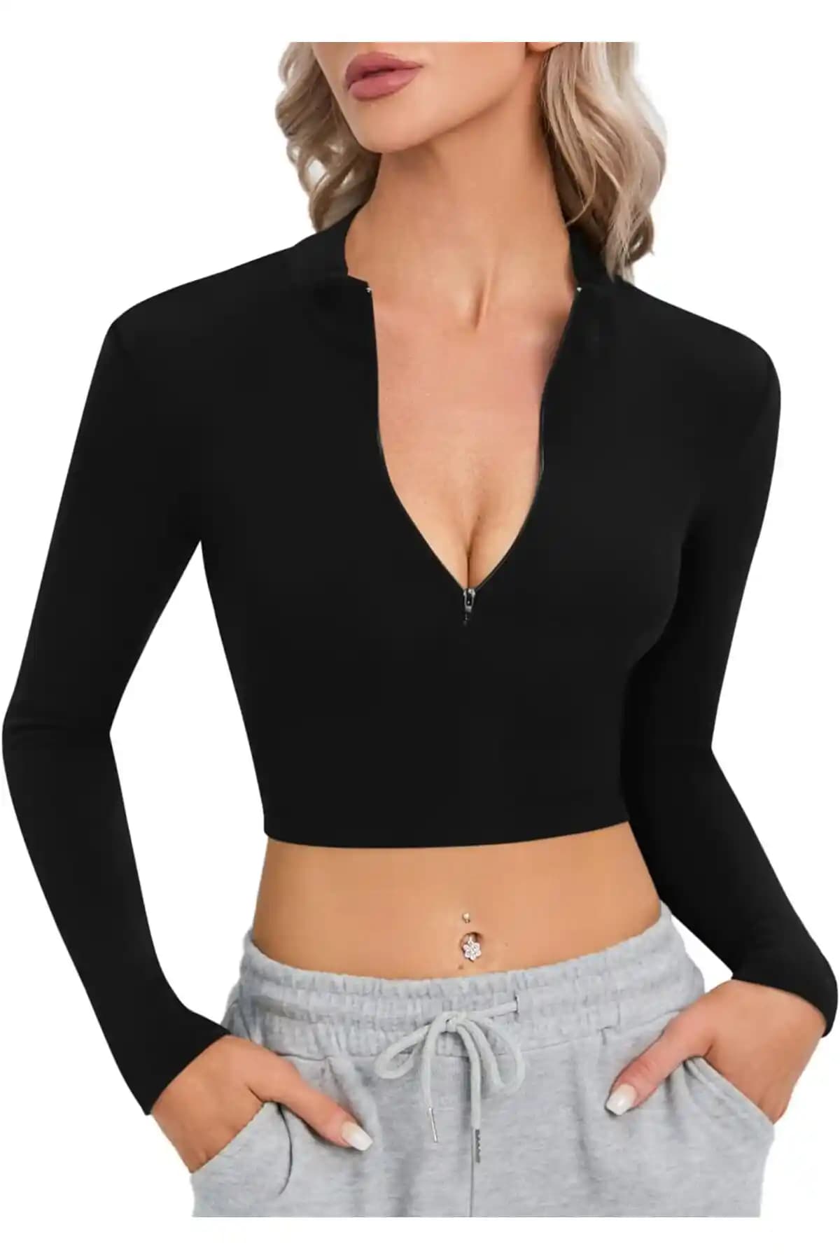 Lady Hazal Siyah Dik Yaka Fermuarlı Bluz Günlük ve Spor Şıklık İçin Uygun Tasarım