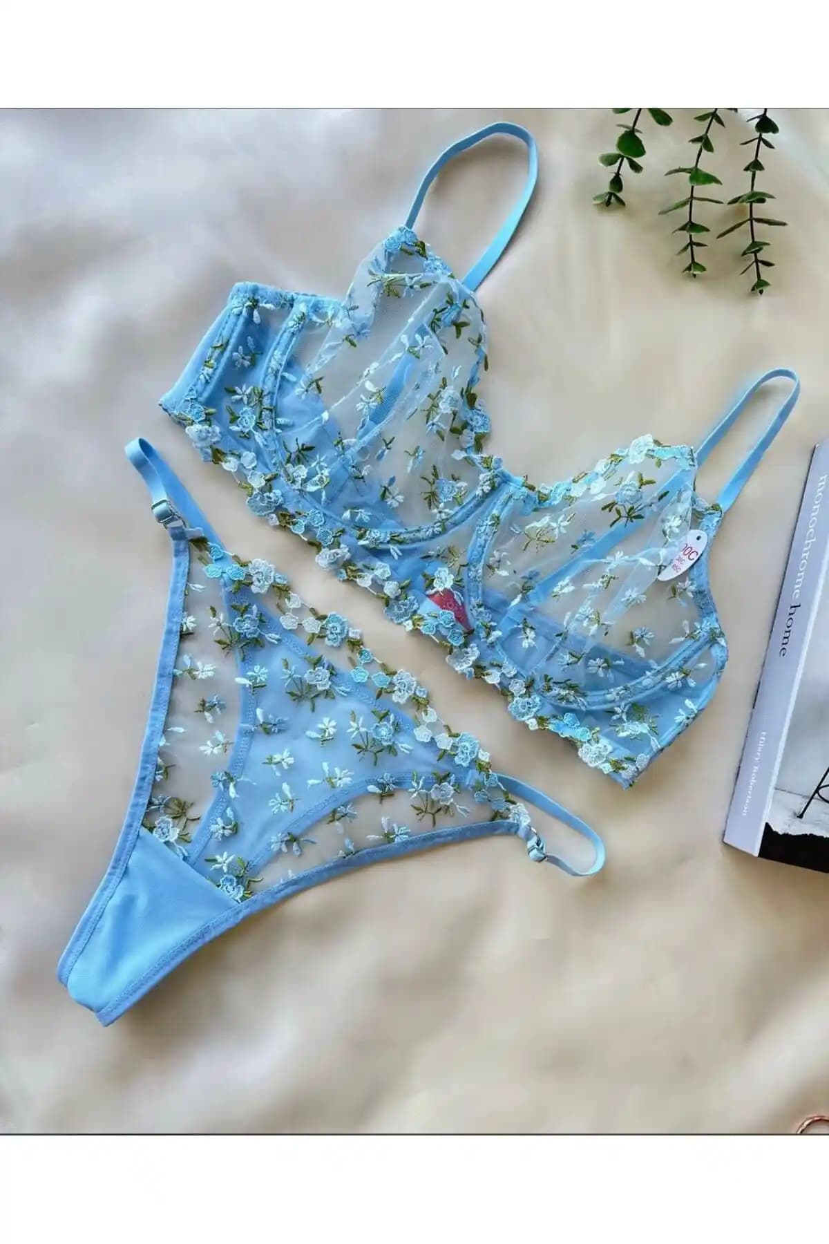 Lady's First Büyük Beden Mavi Çiçek Desenli Dantelli Bralet Takımı Detayları ve Özellikleri