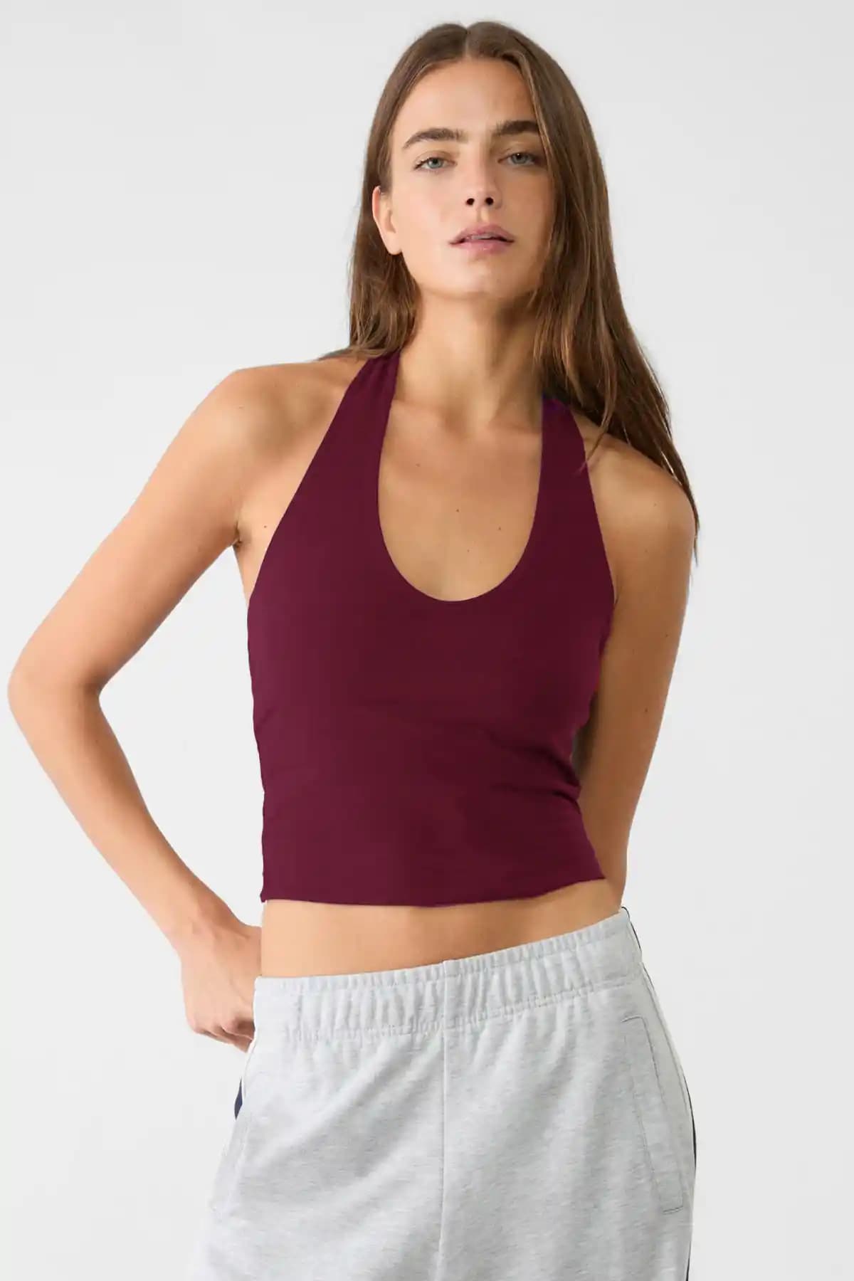VODENS Koyu Bordo %95 Pamuk Halter Yaka Çift Kat Crop Top Kadın Giyim