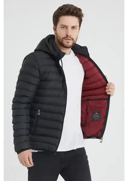 Danger Erkek Siyah Kapüşonlu Günlük Şişme Mont - Soğuk Havalara Dayanıklı Koruma