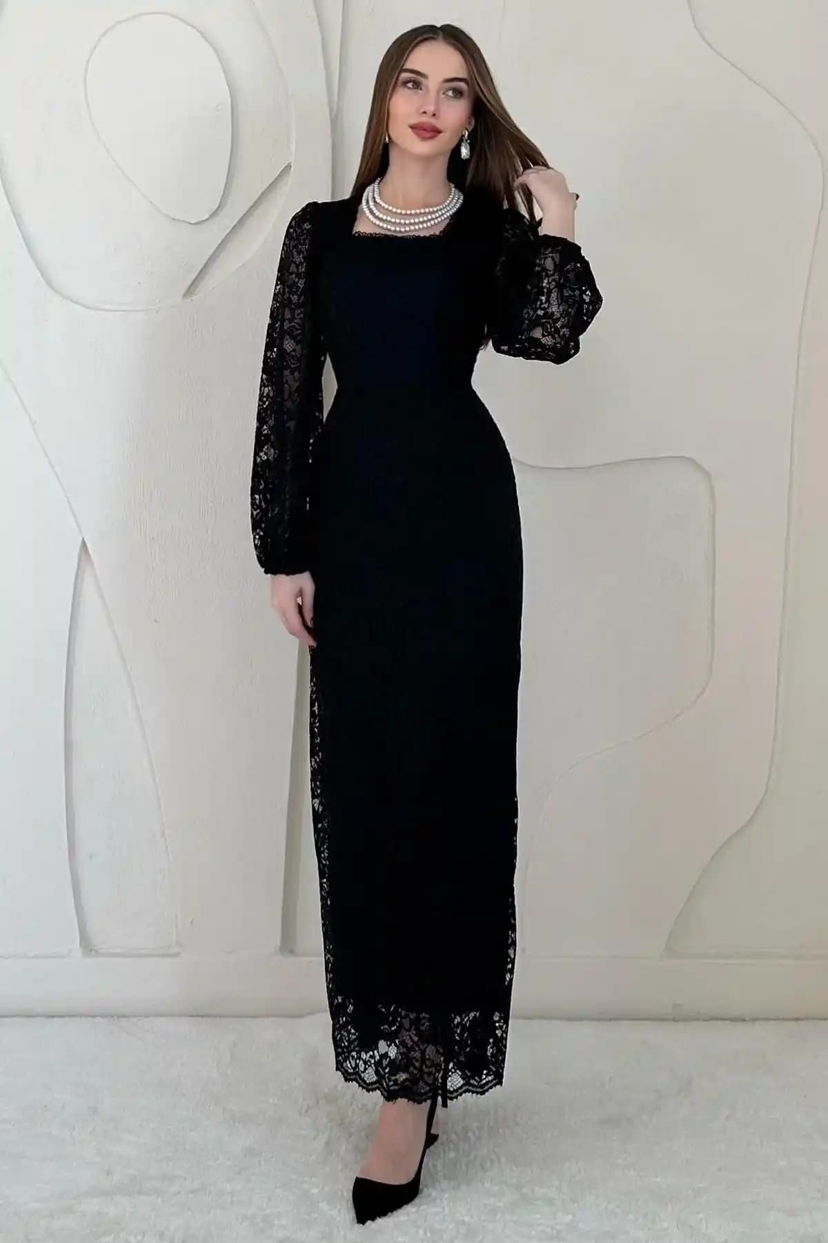 Elbee Fashion Woman Güpür Detaylı Dantel Elbise: Zarif ve Rahat Siyah Kadın Elbise