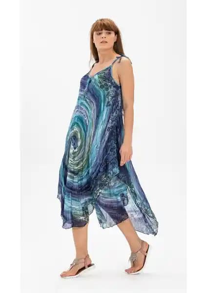 Eliş Şile Bezi Askılı Vual Afrodit Midi Boy Yazlık Elbise Lacivert Rahat Tasarım