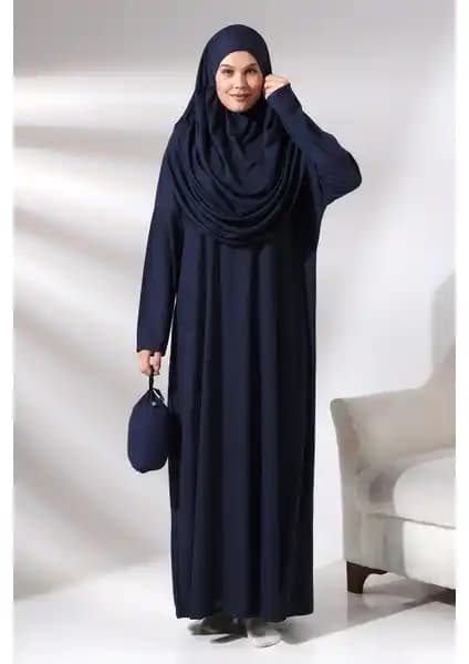 İhvan Lacivert Kadın Çantalı Başörtülü Tek Parça Pratik Namaz Elbisesi