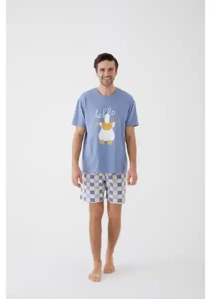 Koza İç Giyim Erkek Kısa Kollu Pamuklu Ekose Desenli Ördek Baskılı Şortlu Pijama Takımı