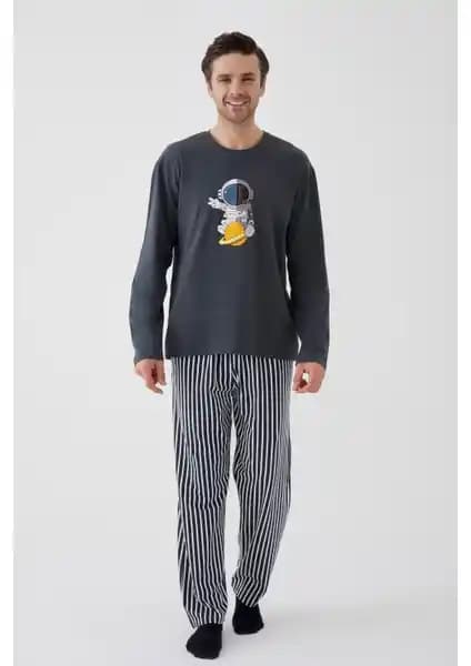 Koza İç Giyim Erkek Pamuklu Uzun Kollu Uzay Temalı Pijama Takımı Rahatlığı