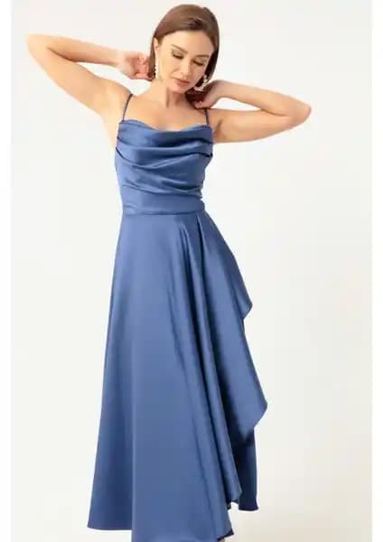 Lafaba Kadın Indigo Volanlı Yırtmaçlı Saten Midi Boy Abiye ve Mezuniyet Elbisesi