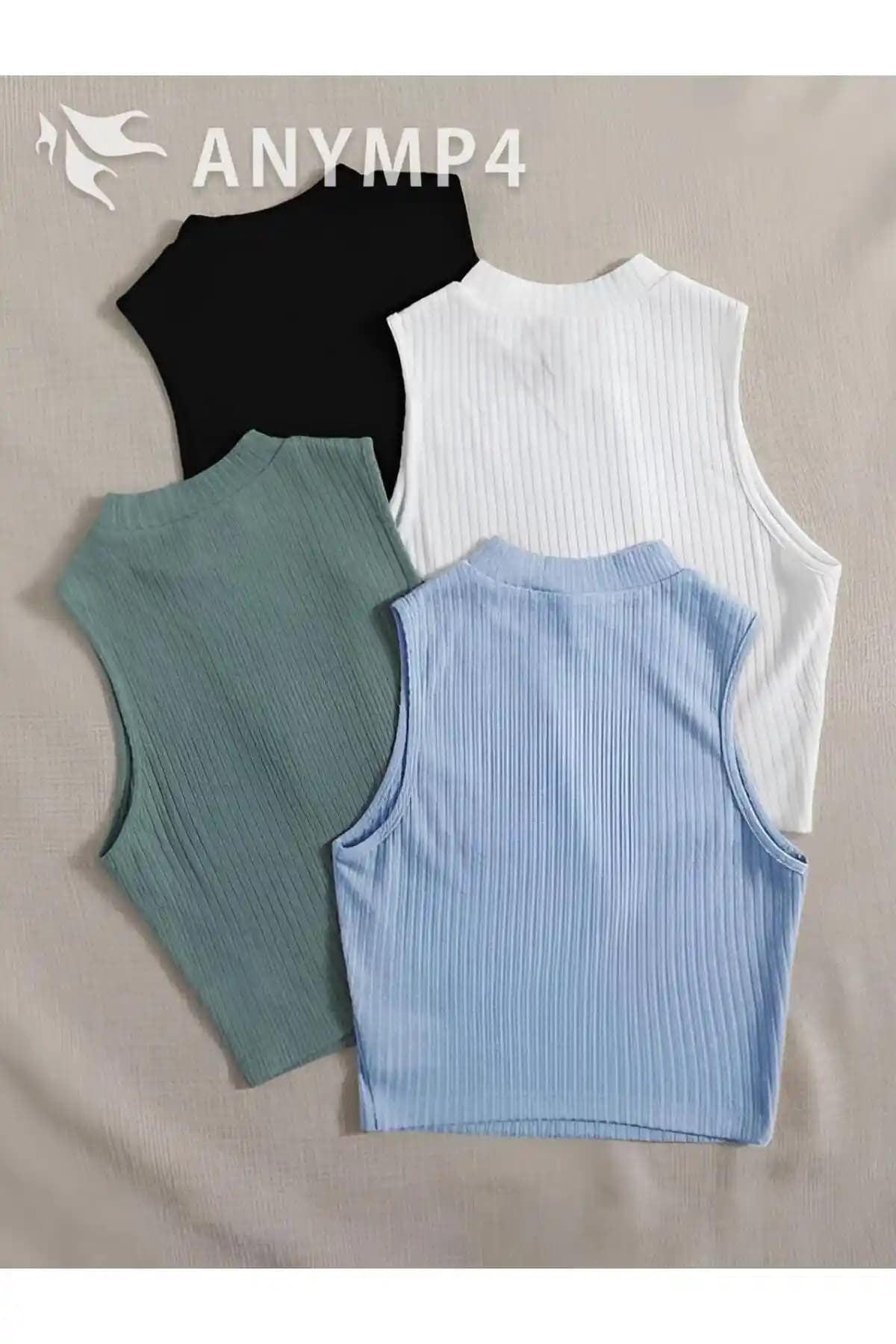 ÖZ PAMUK Kadın 4'lü Fitilli %100 Pamuklu Kaşkorse Crop Bluz Atlet Rahatlığı